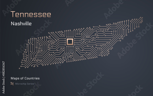 Tennessee Map with a capital of Nashville Shown in a Microchip Pattern. Silicon valley, E-government. United States vector maps. Microchip Series	