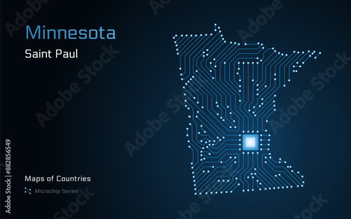 Minnesota Map with a capital of Saint Paul Shown in a Microchip Pattern. Silicon valley, E-government. United States vector maps. Microchip Series