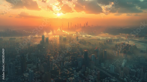 A cyberpunk-style futuristic city, captured from a droneâ€™s aerial perspective, distant view, daytime, panoramic high-definition scene, landscape composition