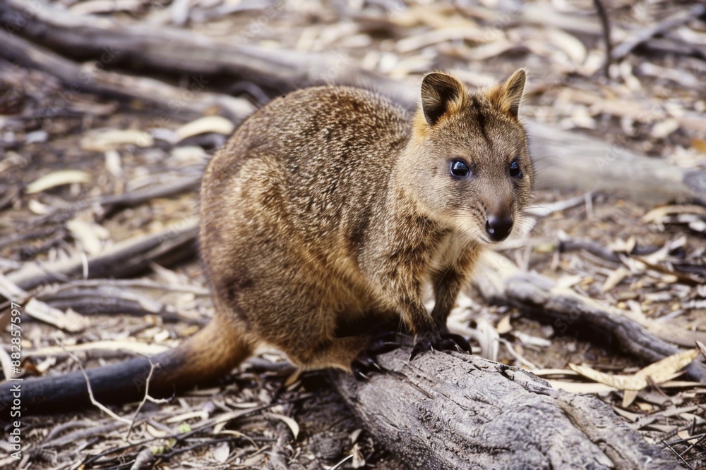 A quokka, a small marsupial native to Australia, sits on a fallen branch in a forest setting, its large eyes curious and alert. A quokka, a small marsupial native to Australia, sits on a fallen branch in a forest setting, its large eyes curious and alert.