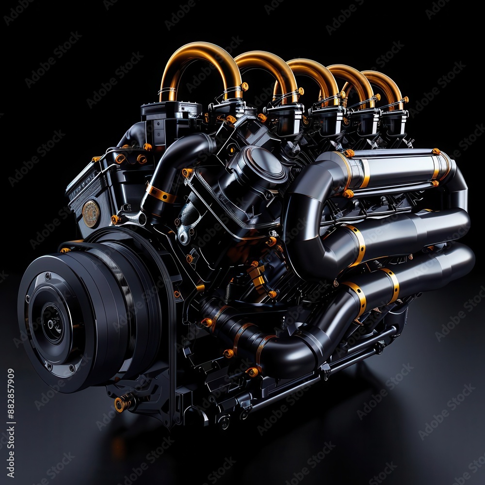 Powerful black and gold engine with intricate details. Powerful black and gold engine with intricate details.