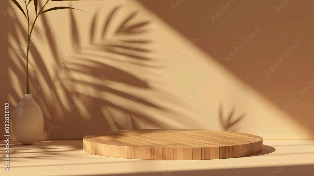 Wooden Podium with Palm Leaf Shadow. Wooden Podium with Palm Leaf Shadow.
