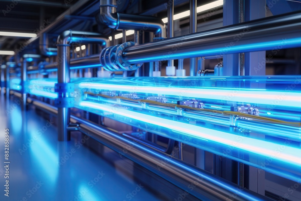 Fototapeta premium Industrial piping system with glowing blue lights.