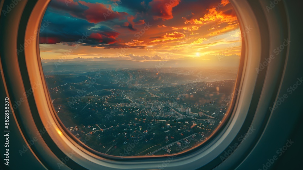 Breathtaking view of town and cloudless sundown sky behind window of aircraft during flight. Breathtaking view of town and cloudless sundown sky behind window of aircraft during flight.