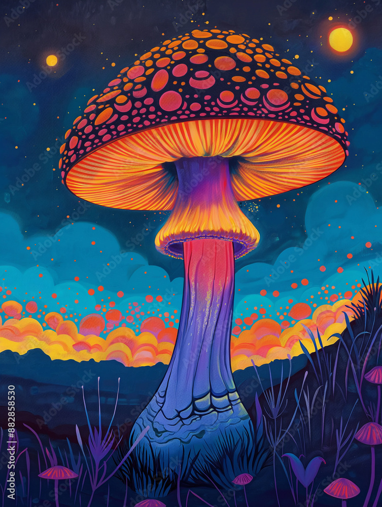 Psychedelic abstract neon mushroom poster 3:4 illustration Psychedelic abstract neon mushroom poster 3:4 illustration