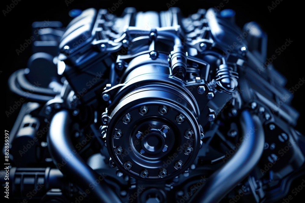 Obraz premium Close-up of a powerful car engine with shiny chrome parts.