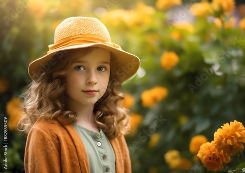 a cute girl wearing a hat in the garden with flowers