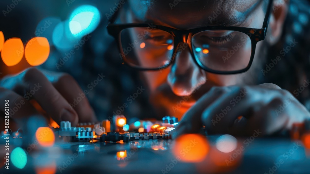 Close-up of a man working on a circuit board, illuminated by colorful lights. Close-up of a man working on a circuit board, illuminated by colorful lights.