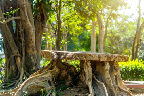 A weathered tree stump serves as a natural table in a sunlit forest clearing, surrounded by verdant foliage.
