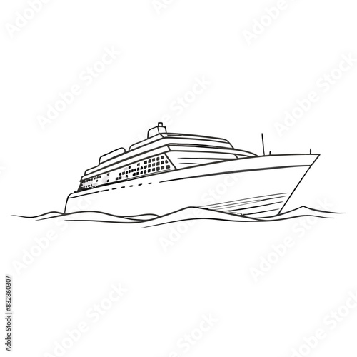 large cruise ship floating on the ocean,  line art isolated against a white background