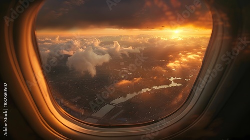 Breathtaking view of town and cloudless sundown sky behind window of aircraft during flight. 