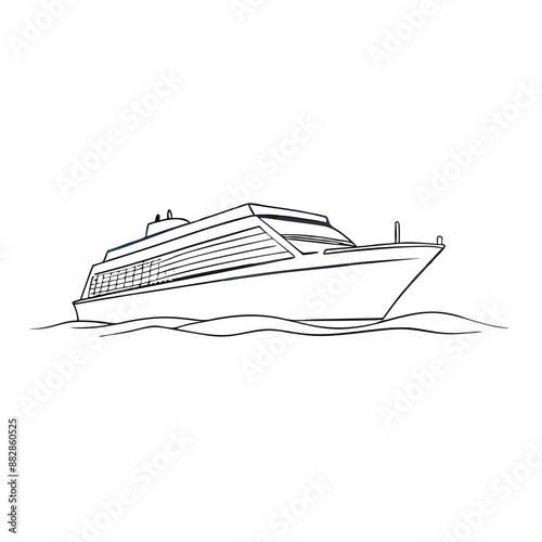 large cruise ship floating on the ocean,  line art isolated against a white background