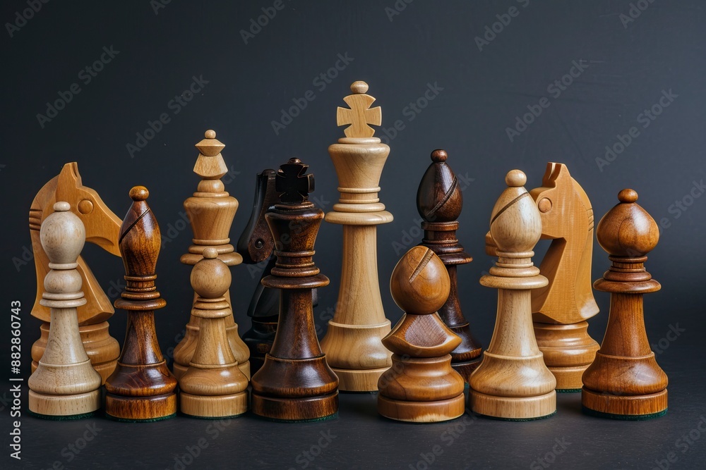 Assorted wooden White chess pieces and blank copy space - generative ai Assorted wooden White chess pieces and blank copy space - generative ai