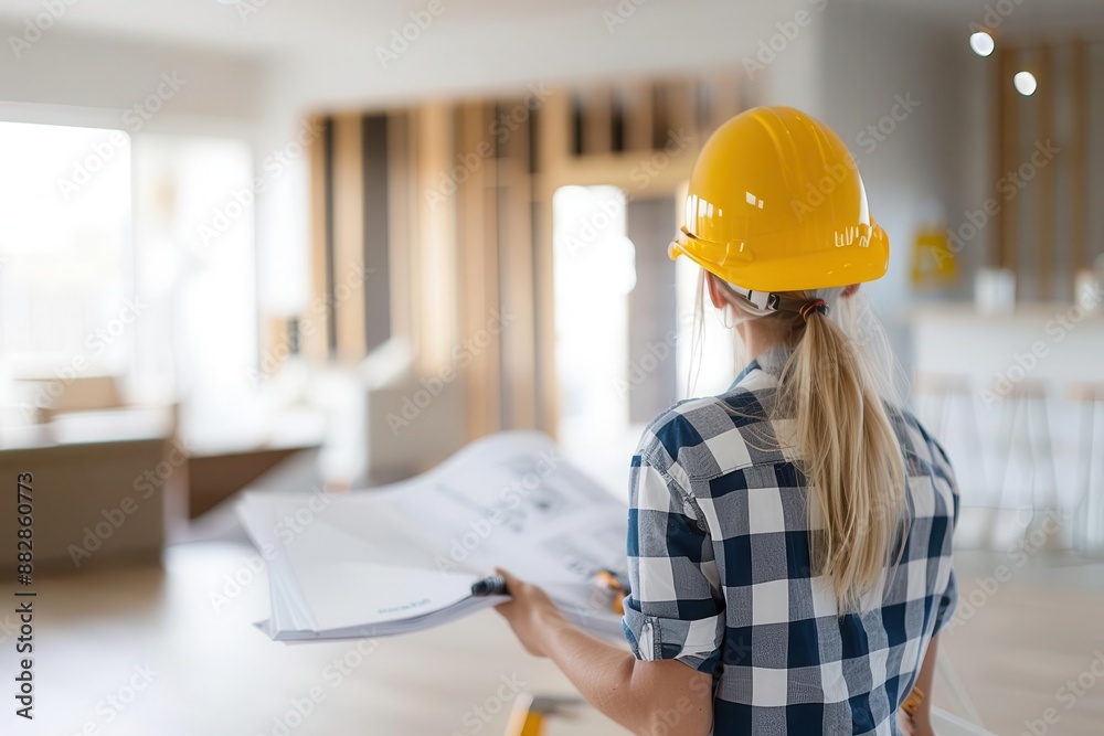 Capataz mostrando plano de diseno de casa a propietario de apartamento Trabajador con casco discutiendo plano de la renovacion de la casa y la decoracion de interiores con una muje Capataz mostrando plano de diseno de casa a propietario de apartamento Trabajador con casco discutiendo plano de la renovacion de la casa y la decoracion de interiores con una muje