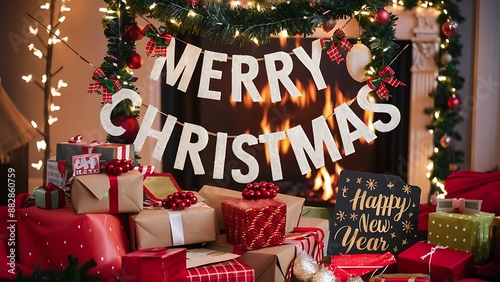 Merry Christmas banner with presents &  Happy New Year, Merry Christmas text background