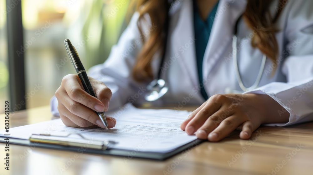 Close-up of a professional female doctor wearing a uniform taking notes in a journal, physician therapist practitioner filling medical documents, clipboard, patient form, illness history, prescription Close-up of a professional female doctor wearing a uniform taking notes in a journal, physician therapist practitioner filling medical documents, clipboard, patient form, illness history, prescription