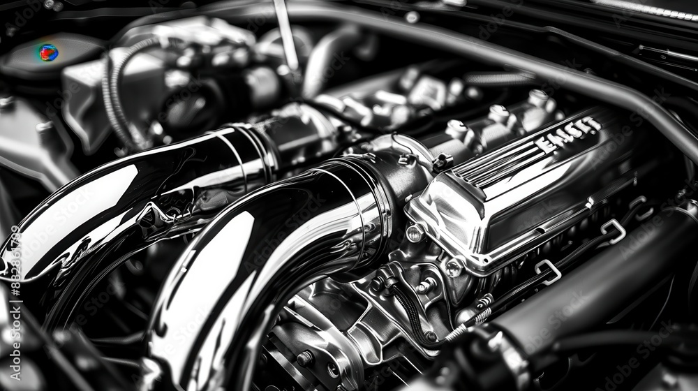 Close-up of a powerful car engine, showcasing intricate mechanical details. Close-up of a powerful car engine, showcasing intricate mechanical details.