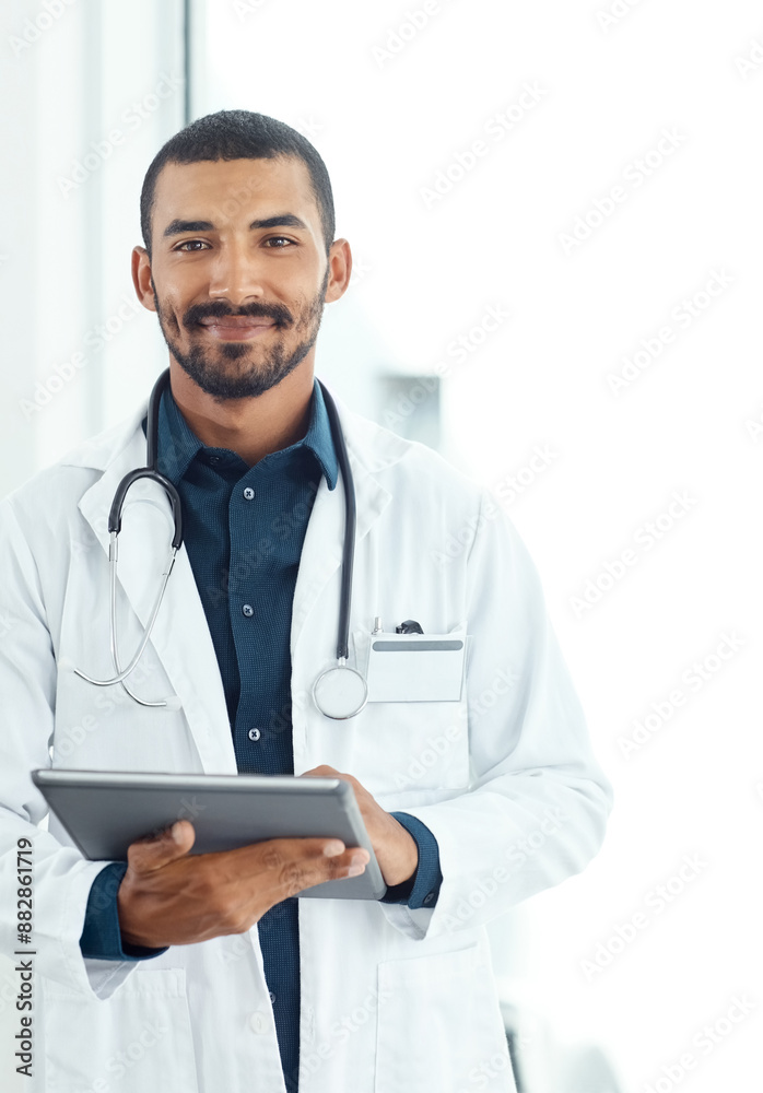 Internet, happy and portrait of doctor with tablet in hospital for patient updates and emergency response. Medical, online and medication administration, clinical documentation and treatment planning Internet, happy and portrait of doctor with tablet in hospital for patient updates and emergency response. Medical, online and medication administration, clinical documentation and treatment planning