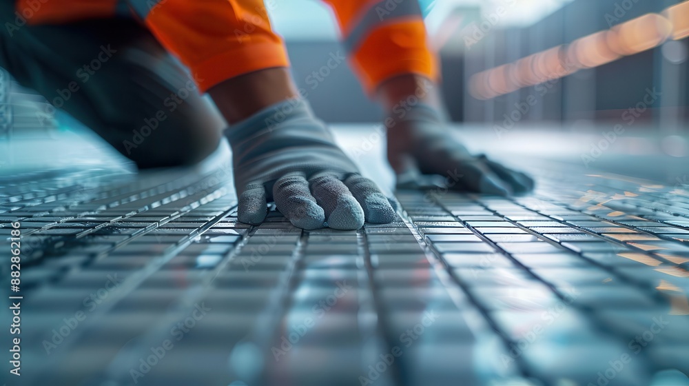 Fototapeta premium dynamic closeup portrait of a worker carefully laying new tiles
