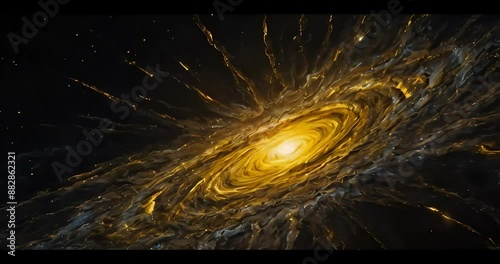 Slow zoom in through the endless golden space lights, animated stars and nebulas in dark infinite space