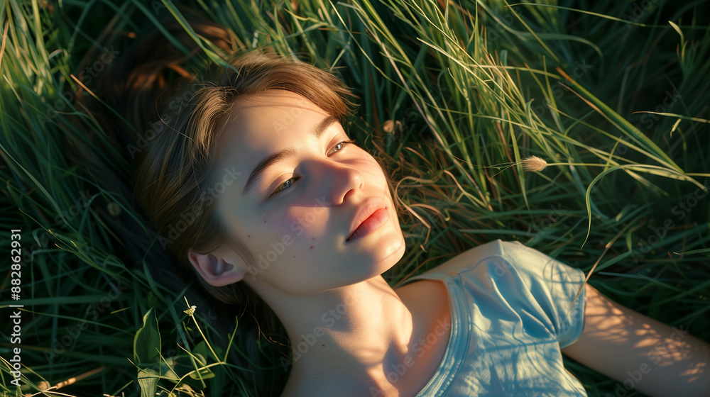 Young Radiant Russian Girl Laying Back on Summer Grass Field at Evening, Relaxing and Enjoying Sunset, Celebrating Summer’s Beauty and Tranquility, Evoking Peaceful Holiday Mood Young Radiant Russian Girl Laying Back on Summer Grass Field at Evening, Relaxing and Enjoying Sunset, Celebrating Summer’s Beauty and Tranquility, Evoking Peaceful Holiday Mood