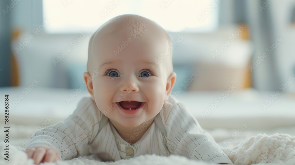 Cute baby lying on a bed, smiling and looking at the camera. Cute baby lying on a bed, smiling and looking at the camera.