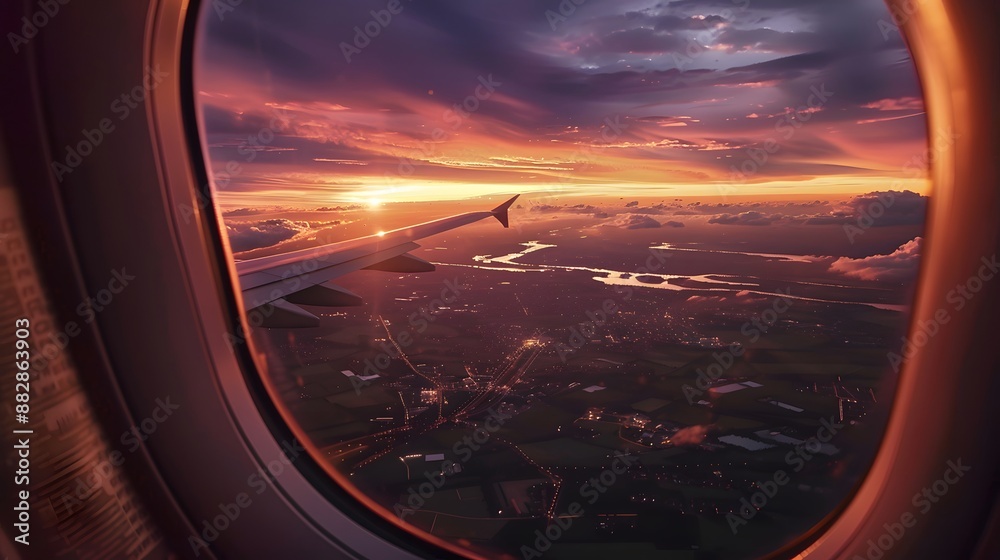 Breathtaking view of town and cloudless sundown sky behind window of aircraft during flight. Breathtaking view of town and cloudless sundown sky behind window of aircraft during flight.
