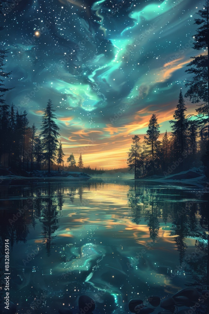 Stunning Northern Lights Over Tranquil Forest Lake at Dusk with Starry Sky and Reflective Water Stunning Northern Lights Over Tranquil Forest Lake at Dusk with Starry Sky and Reflective Water