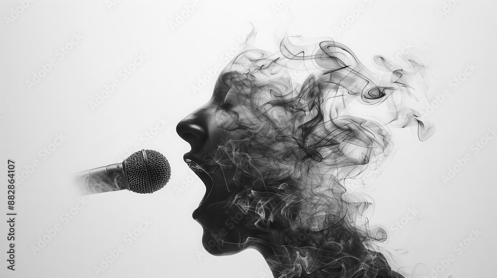 Fototapeta premium Abstract portrait of a singer with smoke-like hair, holding a microphone