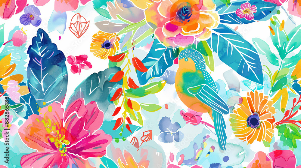 Obraz premium 南国リゾート風の鳥と熱帯植物のカラフルなイラスト