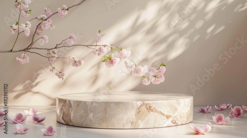 Premium stone sticker podium falling in pastel petals blooming display pink marble flower product 3d background 3d rendering pedestal beauty valentine cosmetics peony minimalist presentation