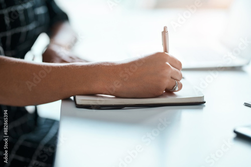 Office, woman and hands for writing in notebook for proposal, application and requirement to stakeholder. Grant writer, closeup and research funding for non profit organization, submission and review photo