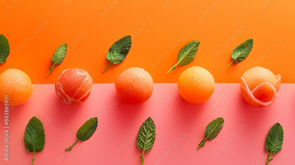Gradient orange to pink backdrop displaying a minimalist tray of prosciutto-wrapped melon balls and mint leaves Gradient orange to pink backdrop displaying a minimalist tray of prosciutto-wrapped melon balls and mint leaves