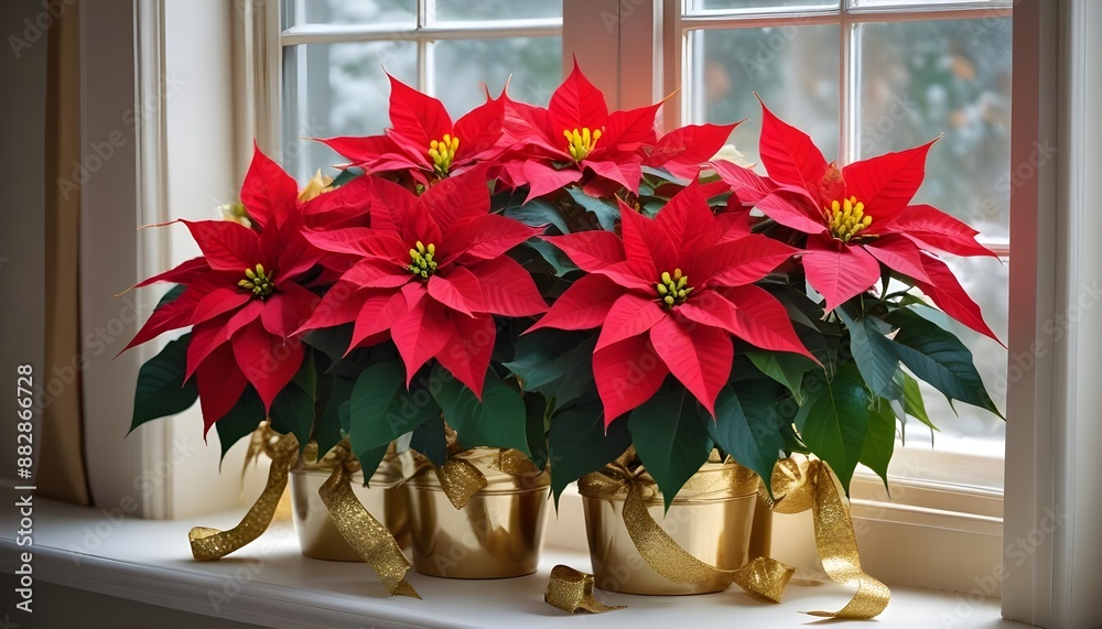 Fototapeta premium Vibrant red and green poinsettia blossoms, intertwined with golden tinsel and christmas holiday ribbons, on a windowsill