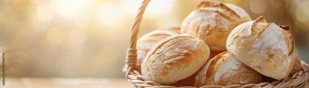 Freshly baked bread rolls in a wicker basket with a warm sunlight backdrop, showcasing artisanal baking and rustic charm. Freshly baked bread rolls in a wicker basket with a warm sunlight backdrop, showcasing artisanal baking and rustic charm.