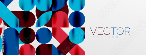 Mosaic geometric elements. Colorful circles, round geometric shapes and lines with shadow 3d effects. Simple forms abstract background for wallpaper, banner, template or landing