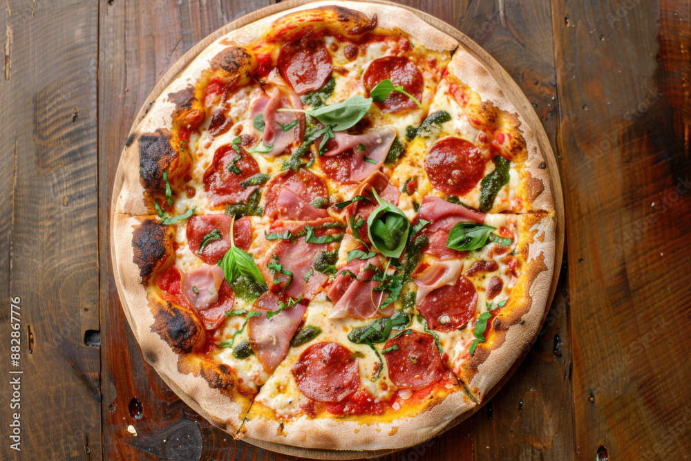 Top view of capriccosa delicious Pizza on wooden table Top view of capriccosa delicious Pizza on wooden table
