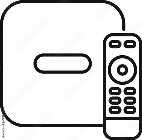 Line art style icon of a tv set top box receiver with a remote control, for controlling and watching television programs