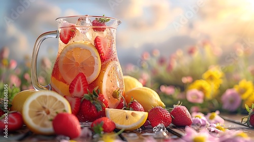 A refreshing pitcher of strawberry lemonade with fresh strawberries and lemon slices, ice cubes, placed on a wooden picnic table.