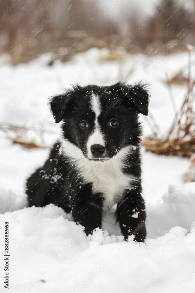 Border Collie dog standing in the snow, looking ahead with curious expression. Border Collie dog standing in the snow, looking ahead with curious expression.