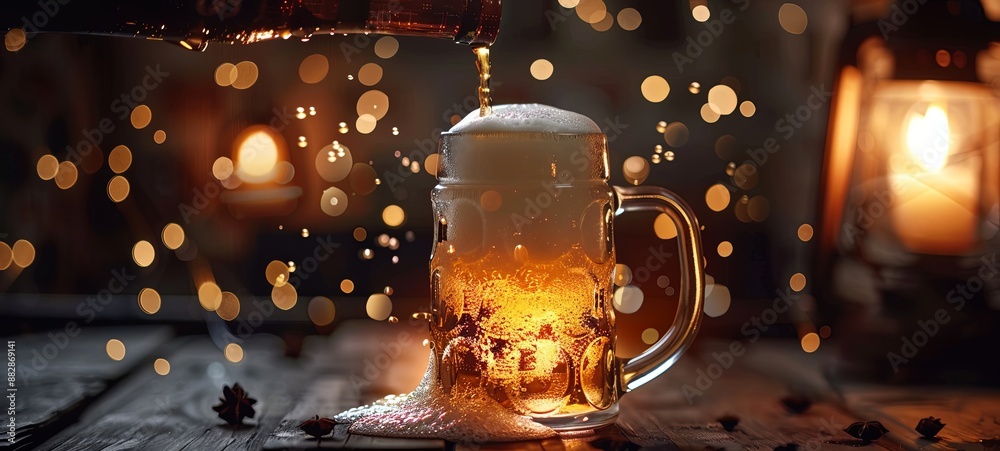 Pouring beer with bubble foam in lantern glass to look like side waves in the shape of foam texture, drink alcohol holiday celebration. Pouring beer with bubble foam in lantern glass to look like side waves in the shape of foam texture, drink alcohol holiday celebration.