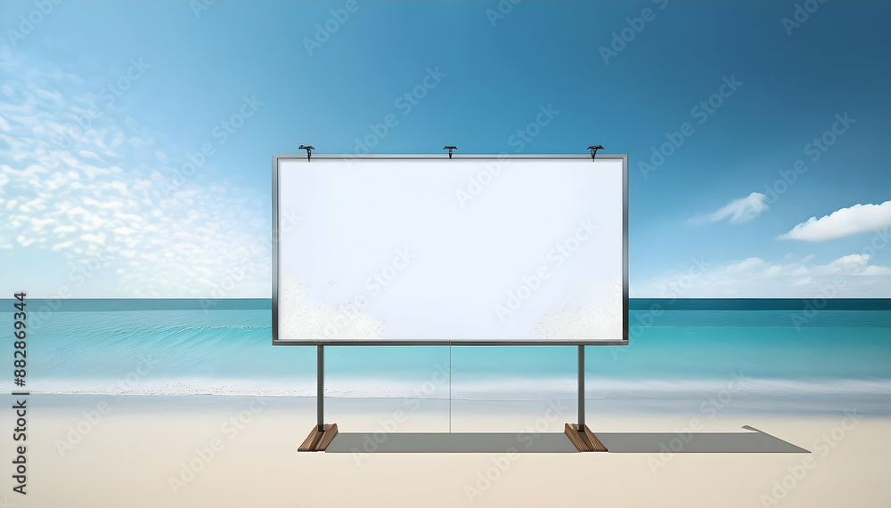 Fototapeta premium Empty white sign board beach scene featuring a large blank billboard with a metal frame. blank white billboard on a beach, offering a prime location for outdoor advertising.beach background 