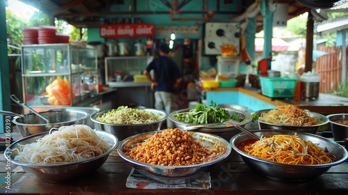 A bright and cheerful cooking area in a som tum restaurant, with sticky rice and the joy of eating