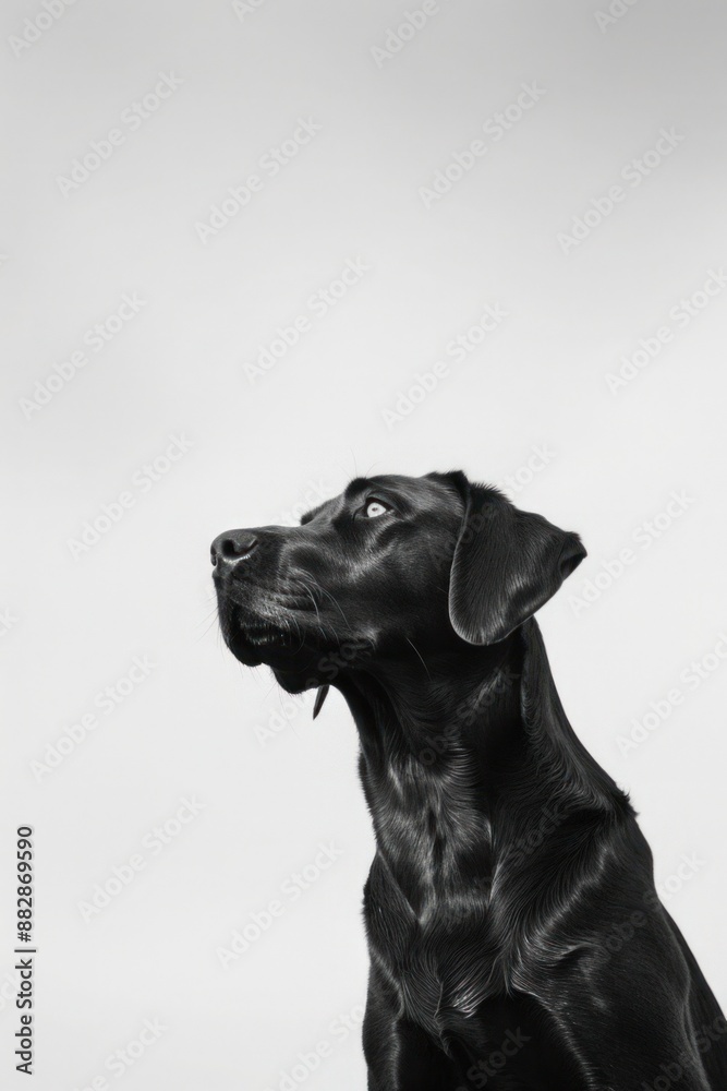 Fototapeta premium Labrador Retriever stands alert, plain white background.