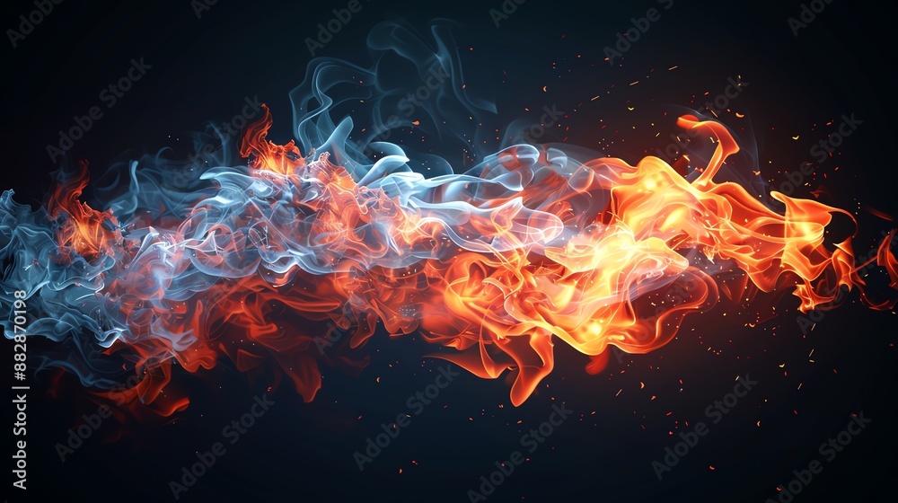 Dynamic fluid blue and orange flames mixing against a dark background, creating a mesmerizing abstract visual effect. Dynamic fluid blue and orange flames mixing against a dark background, creating a mesmerizing abstract visual effect.