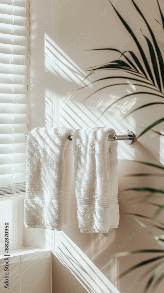 Two white towels are stacked on a white countertop in a bathroom. A white towel rack and window blinds are in the background Two white towels are stacked on a white countertop in a bathroom. A white towel rack and window blinds are in the background