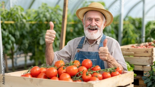 A smiling senior farmer holding a crate of fresh, red tomatoes in a greenhouse setting, giving a thumbs up