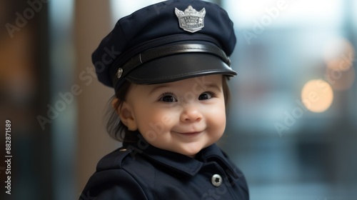 Portrait of a cute little girl in a police cap. The child looks at the camera and smiles. Cute Child Police Officer on a Background with Copy Space. Kid Cop. Kid Policeman.