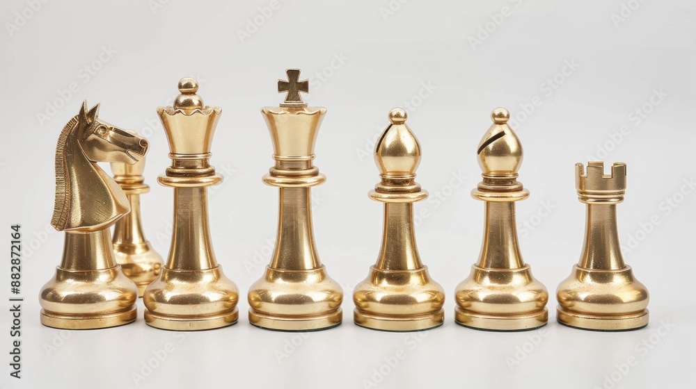 Luxurious golden chess pieces set on white background symbolizing strategy, elegance, and sophistication - Generative ai Luxurious golden chess pieces set on white background symbolizing strategy, elegance, and sophistication - Generative ai