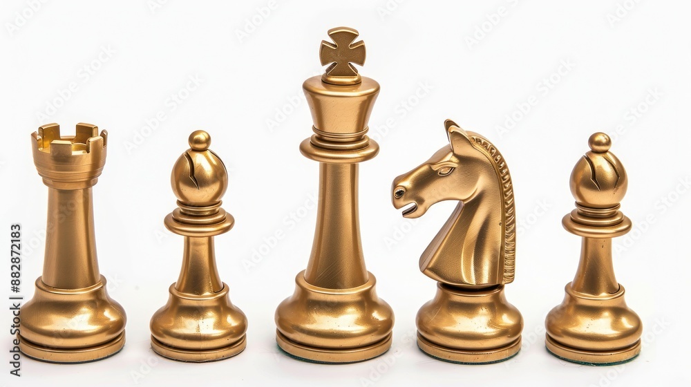 Luxurious golden chess pieces set on white background symbolizing strategy, elegance, and sophistication - Generative ai Luxurious golden chess pieces set on white background symbolizing strategy, elegance, and sophistication - Generative ai